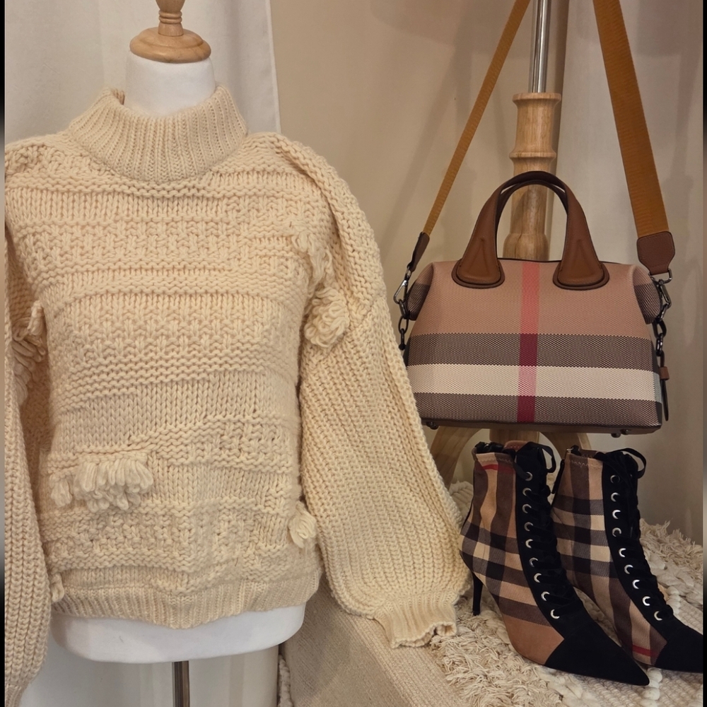 Chunky Cable Knit Sweater Nova Check Dome Satchel Handbag & Boots To Match Sz 7